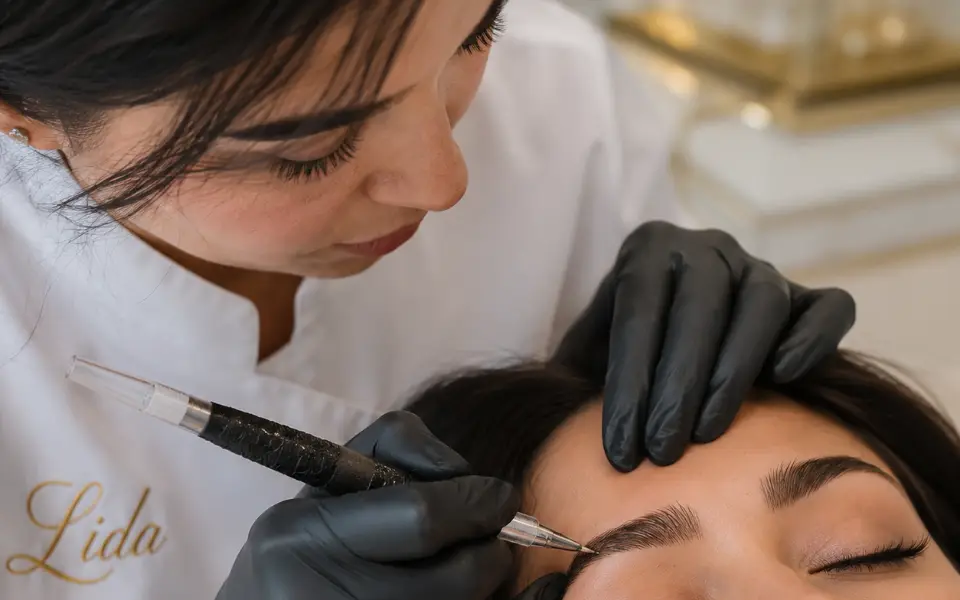 Praticienne en tunique brodée Lida traçant un sourcil au stylet manuel, gros plan sur la pointe et le sourcil